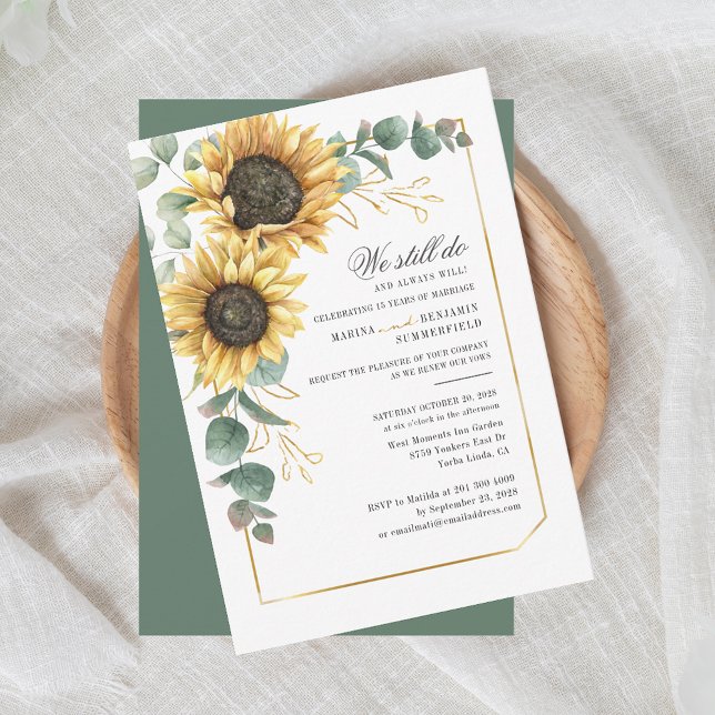 Convite Vow Renewal Eucalyptus Sunflower Casamento Geométr (Floral Sunflower Floral Rustic Wedding Anniversary Invitation)