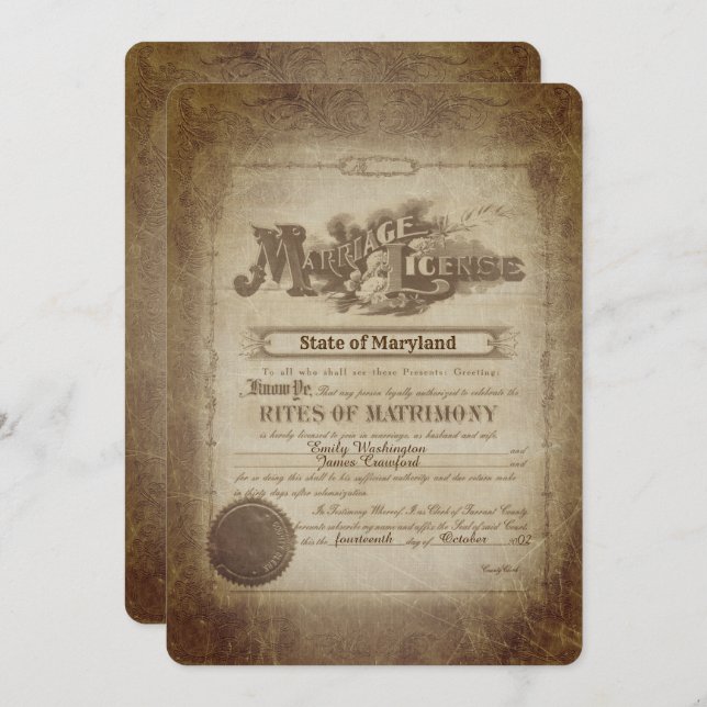 Convite Vow Renewal Vintage Wedding Certificate  (Frente/Verso)