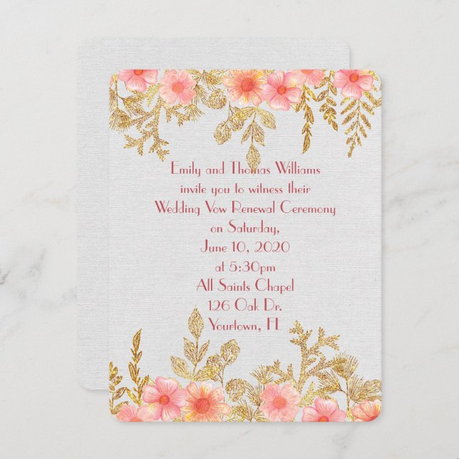 Convite Vow Renewalpink, fronteira floral com folha de our (Frente/Verso)