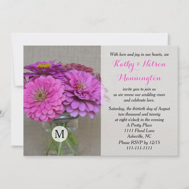 Convite Vow Reneways Zinnias em Masson Jar em Burlap (Frente)