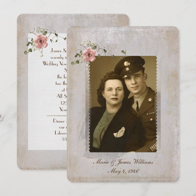 Convite Vow Renewer foto frame e rose bouquet (Frente/Verso)