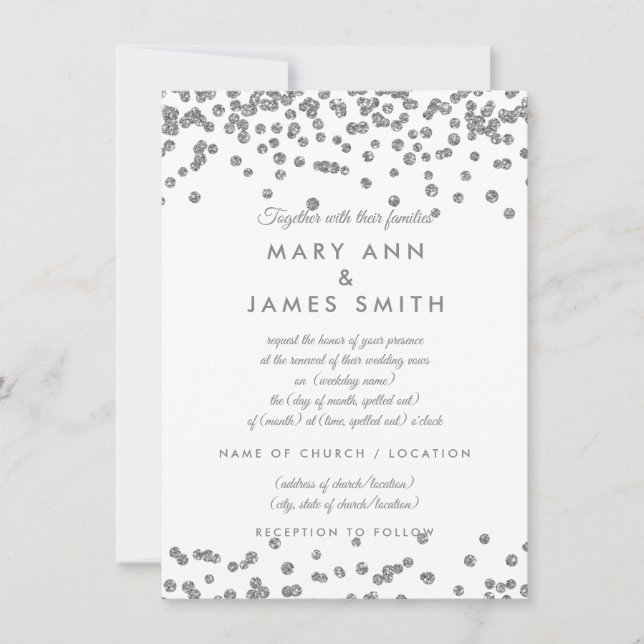 Convite Vow Renewer Silver Faux Glitter Confetti White (Frente)