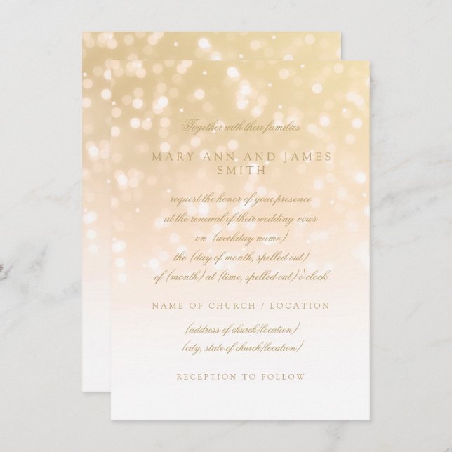 Convite Vow Renewing Dourado Bokeh Sparkle Luzes (Frente/Verso)