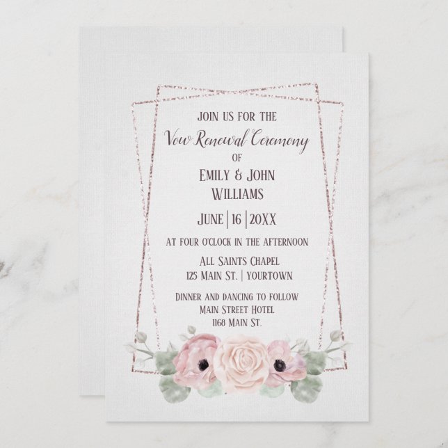 Convite Vow Renewing Pink Anemone e Glitter Frame Invitat (Frente/Verso)