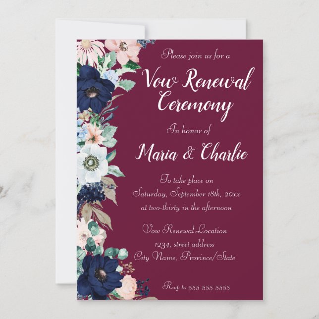 Convite Vow Renewony Florals Borgonha (Frente)