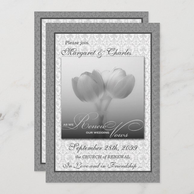 Convite Vow Renewony Silver Damask and Tulips (Perdão da C (Frente/Verso)