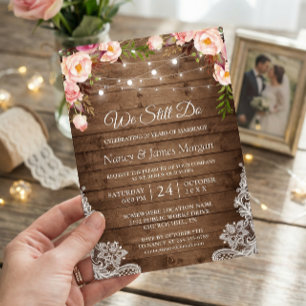Convite Vow Renewtic Rustic Wood String Lights Lace Floral
