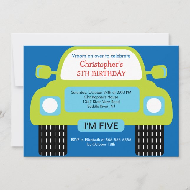 Convite Vroom festa de aniversário do carro para meninos (Frente)