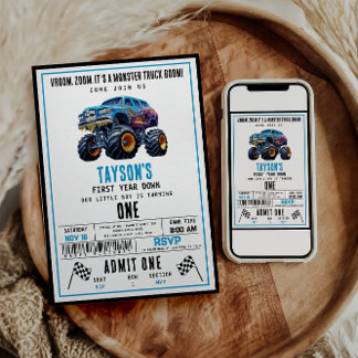 Convite Vroom Zoom Monster Truck Boom | Parte primeiro ani