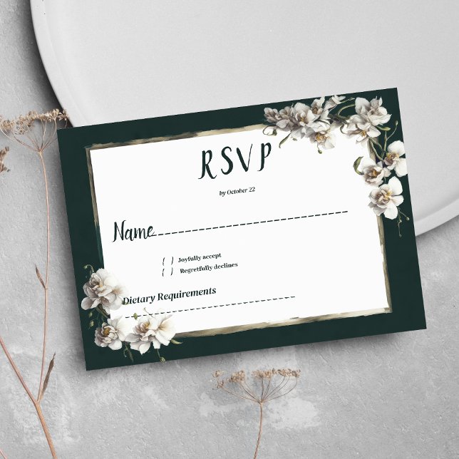 Convite VSVP de flor de orquídea branca verde-escura (Glam dark green gold white orchid flower RSVP)
