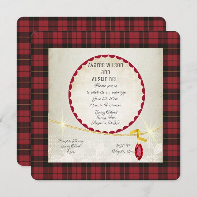 Convite Wallace Red Tartan Garden Casamento (Frente/Verso)