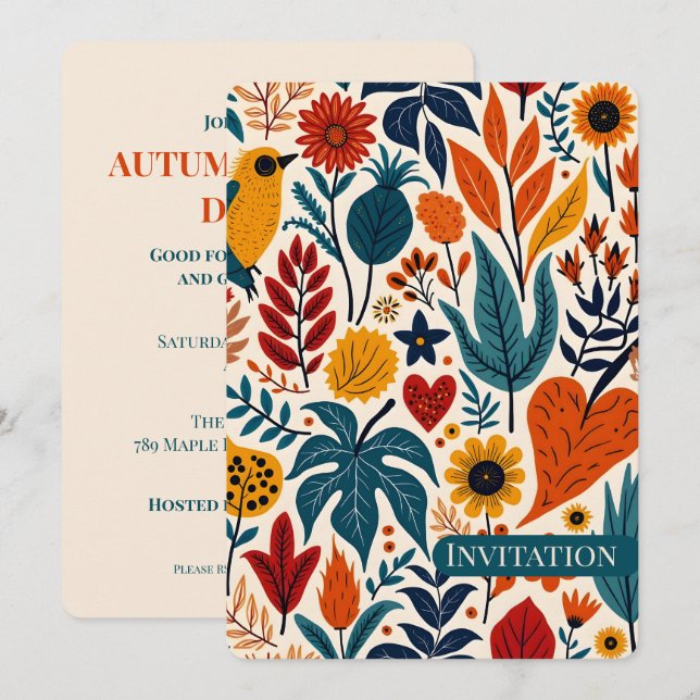 Convite Warm Autumn Floral Folk Art Wedding (Frente/Verso)