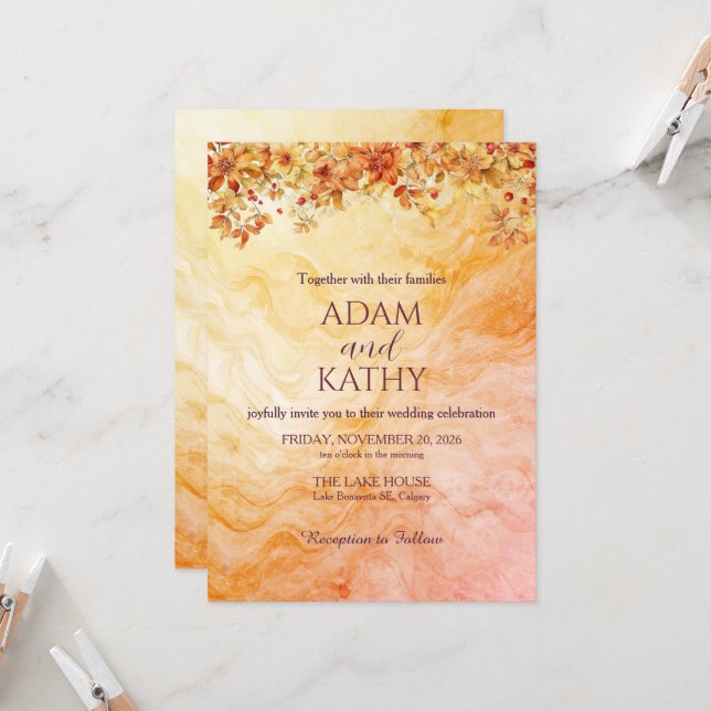 Convite Warm Autumn Marble Wedding Invitation (Frente/Verso In Situ)