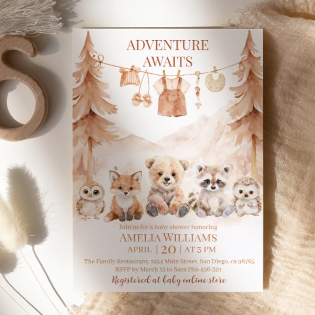 Convite Warm Beige Adventure Awaits Woodland Baby Shower (Criador carregado)