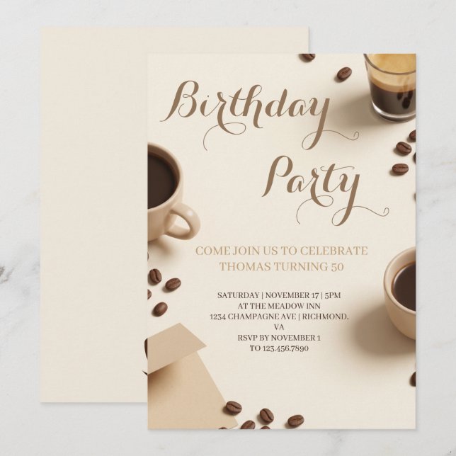 Convite Warm Coffee-Themed Birthday Party (Frente/Verso)
