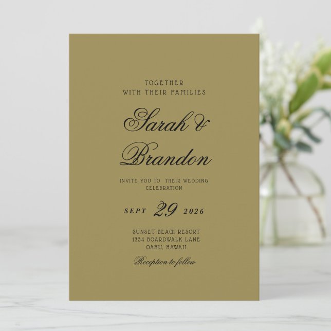 Convite Warm Solid Color Olive green  Script Wedding (Criador carregado)
