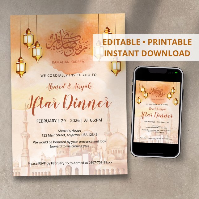 Convite Warm Watercolor Mosque Iftar Party Invitation (Criador carregado)