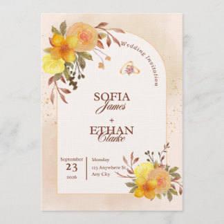 Convite Warm Yellow & Peach Floral Wedding Invitation 
