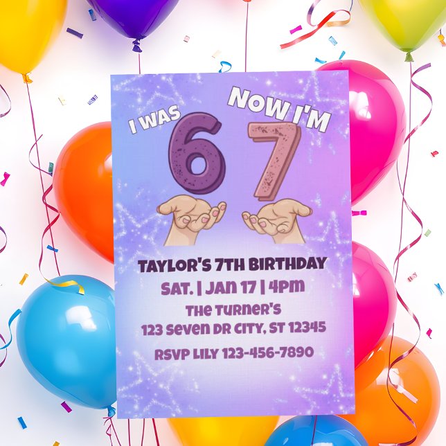 Convite Was 6 Now 7, Pink Star 7th Birthday (Criador carregado)