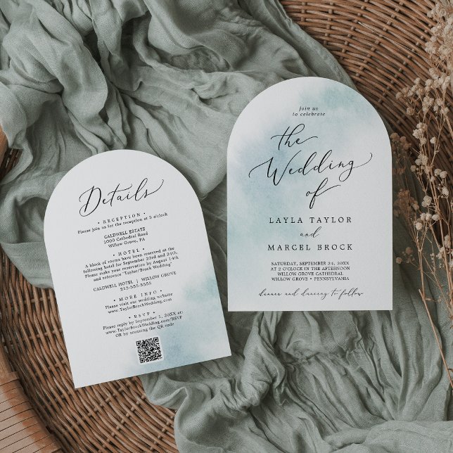 Convite Wash de Aquarela Azul Tudo Em Um Casamento QR Arch (Watercolor Wash Blue All In One QR Arch Wedding Invitation)