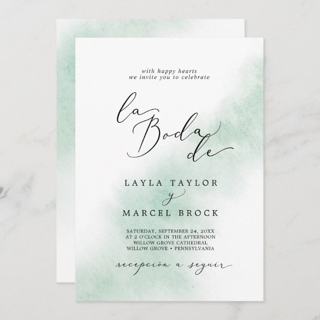 Convite Wash de Aquarela | Green La Boda De Wedding (Frente/Verso)