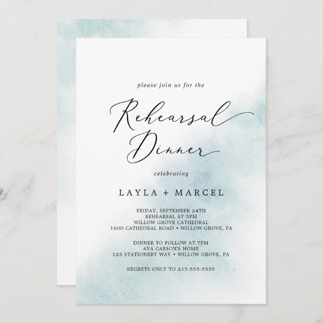 Convite Wash de Aquarela | Janto de ensaio azul (Frente/Verso)
