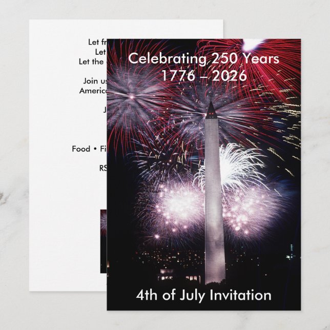 Convite Washington Monument 250 Years 4th of July Party (Frente/Verso)