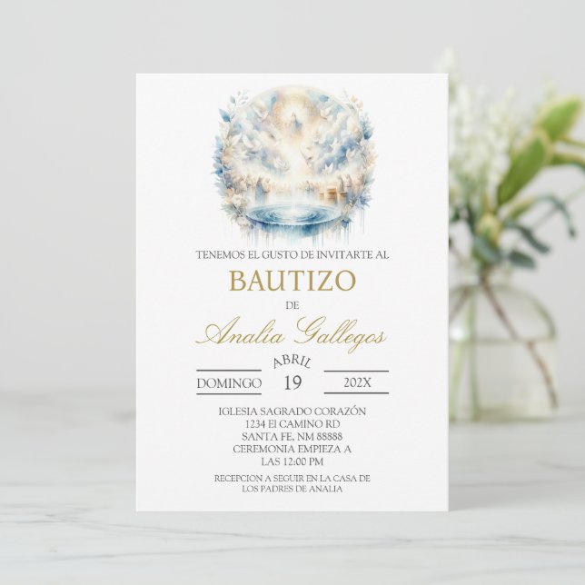 Convite Water colored  Spanish baptism Invitation (Em pé/Frente)