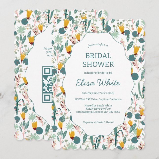 Convite Water Garden Floral Bridal Shower Cute CUSTOM QR (Frente/Verso)