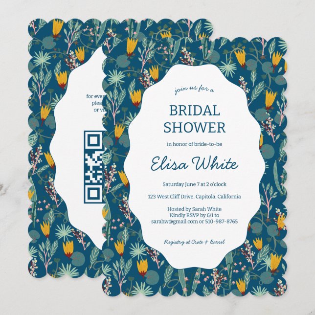 Convite Water Garden Floral Bridal Shower Cute CUSTOM QR (Frente/Verso)