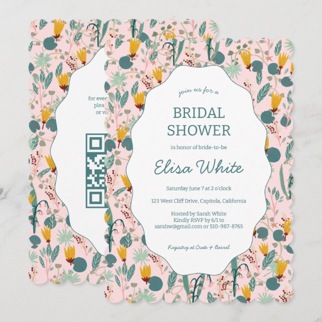 Convite Water Garden Floral Bridal Shower Cute CUSTOM QR (Frente/Verso)