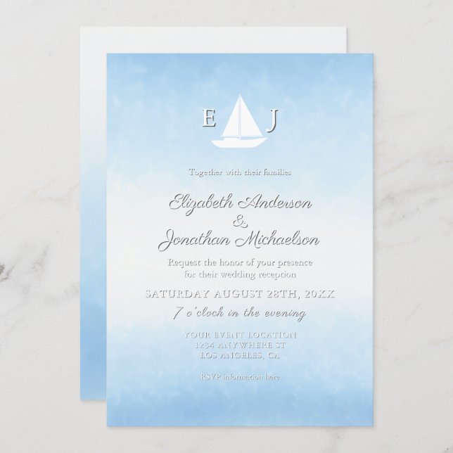 Convite Water Meets Sky Watercolor Wedding Reception (Frente/Verso)