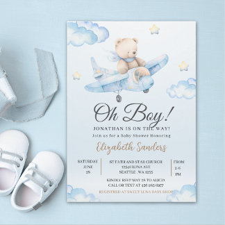 Convite Watercolor Airplane Teddy Bear Baby Shower