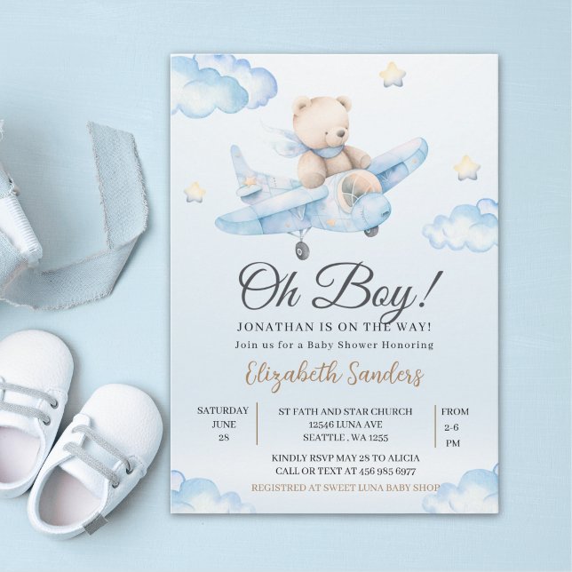 Convite Watercolor Airplane Teddy Bear Baby Shower (Criador carregado)