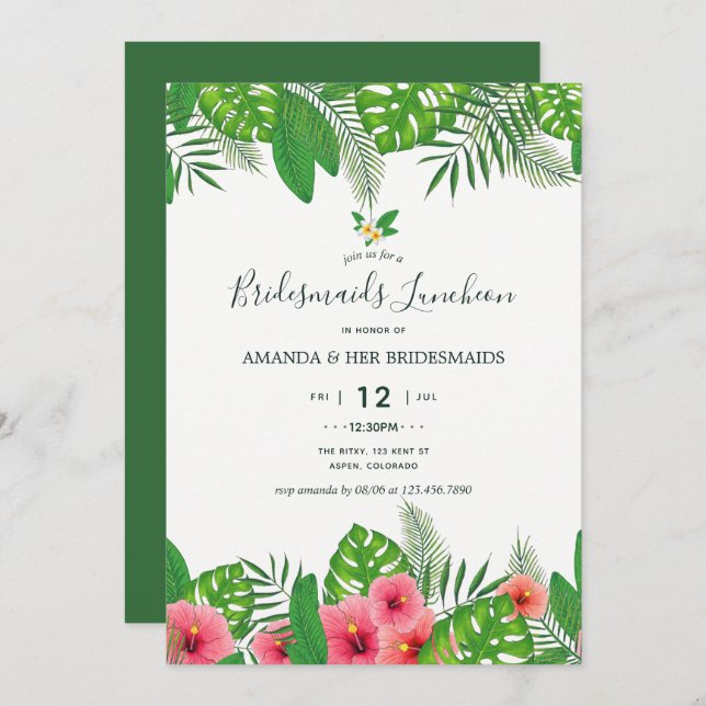 Convite Watercolor Aloha Luau Wedding Bridemaids Luncheon (Frente/Verso)
