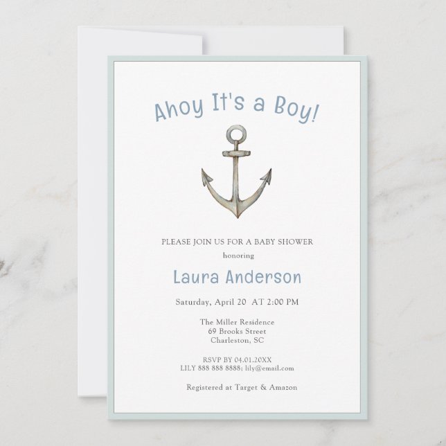Convite Watercolor Anchor Nautical Baby boy Baby shower  (Frente)