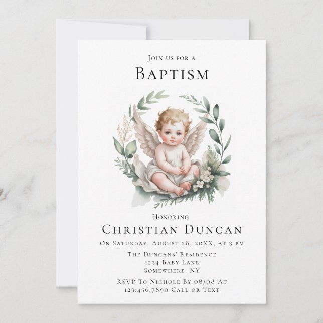 Convite Watercolor Angel Wings Baptism  (Frente)