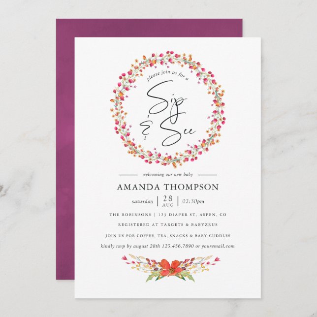 Convite Watercolor Aquarelle Wild Flower Sip e Consulte (Frente/Verso)