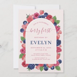 Convite Watercolor Arch Baby Girl Boy Berry First Birthday