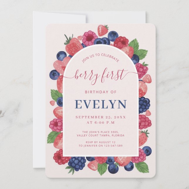 Convite Watercolor Arch Fruit Berry First Birthday (Frente)