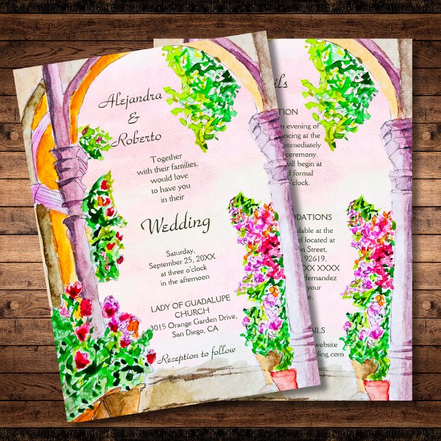 Convite Watercolor Arches Bougainvillea Floral Wedding (Criador carregado)