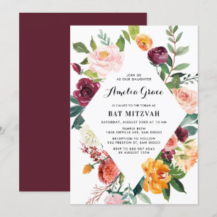 Convite Watercolor Autumn Blooms Diamond Frame Mitzvah