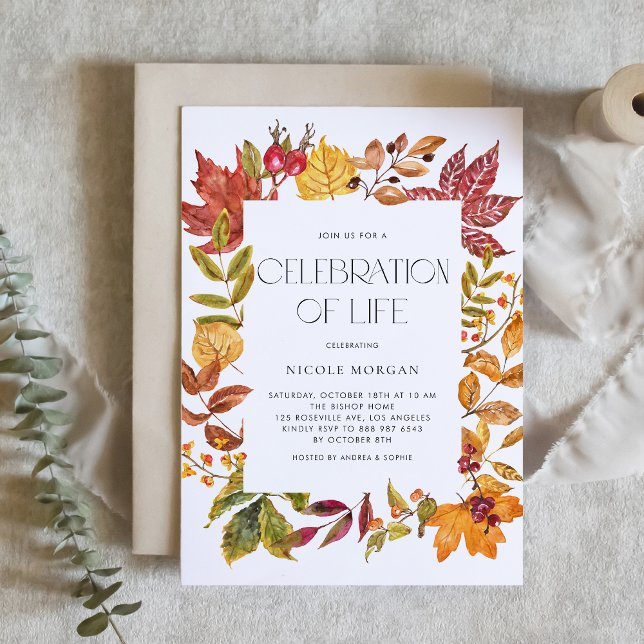 Convite Watercolor Autumn Deixa a Celebração da Moldura da (Custom Celebration of Life Invitation featuring Watercolor Autumn Leaves Frame)