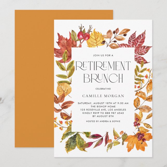 Convite Watercolor Autumn Deixa Frame Retirement Brunch (Frente/Verso)