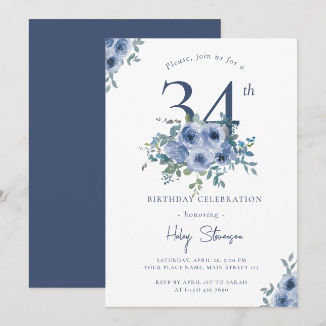 Convite Watercolor Azul Floral 34 Quic Birthday (Frente/Verso)