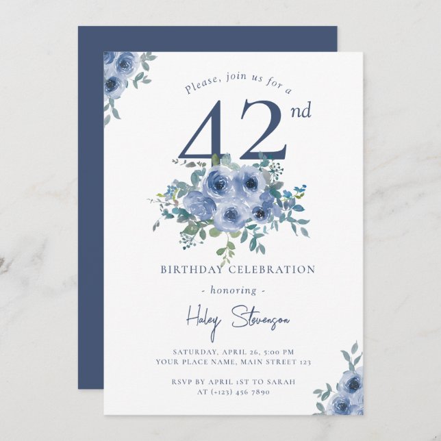 Convite Watercolor Azul Floral 42º Quic Birthday (Frente/Verso)