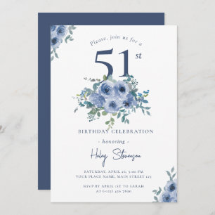 Convite Watercolor Azul Floral 51 rua Chic Birthday