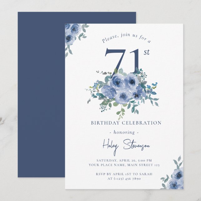 Convite Watercolor Azul Floral 71 rua Chic Birthday (Frente/Verso)