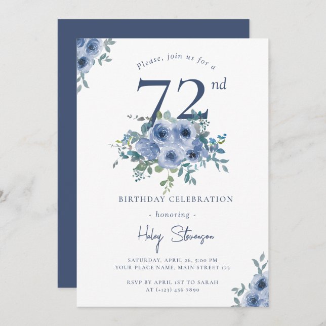 Convite Watercolor Azul Floral 72º Quic Birthday (Frente/Verso)