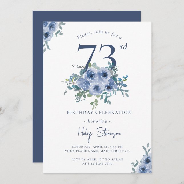 Convite Watercolor Azul Floral 73º Quic Birthday (Frente/Verso)